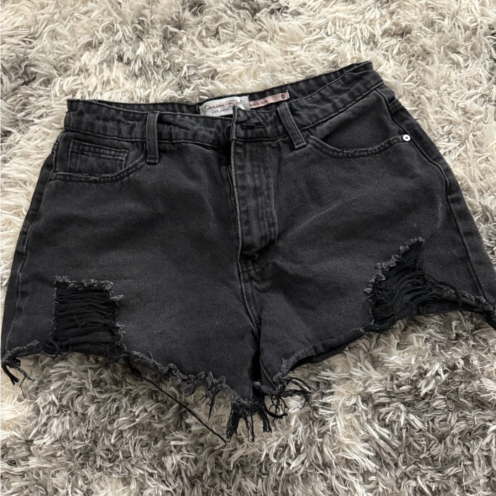 Distressed Black Denim Shorts